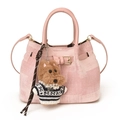 Mini borsa a secchiello rosa testurizzata con manici in pelle e charm orsetto - Rosa - Con Ciondolo