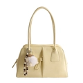 Elegant cream tote bag with stylish pleated design and cute plush charm accessory - With Pendant / Yellow