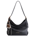 Klassische schwarze Leder-Tote-Bag mit goldenem Logo und Holzpferd-Anhänger - Schwarz