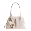 Minimalist cream white shoulder bag with smooth faux leather finish and plush charm - With Pendant / White