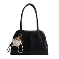 Minimalist black leather underarm bag with vintage tassel and cartoon charm - With Pendant / Black