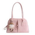 Pink PU leather tote bag with elegant matte finish and cute bearded doll pendant - With Pendant / Pink
