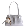 Silver metallic tote bag with crinkled texture and plush decorative charm - Silver