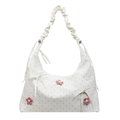 White floral tote bag with black polka dots and pleated shoulder strap for daily use - Off White
