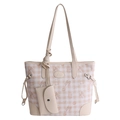 Grand sac cabas à carreaux roses avec gaufrage de chats et petite pochette assortie - Blanc Cassé