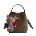 Sac seau marron à motif litchi avec charm ourson mignon et fermoir en métal argenté - Sans Pendentif / Gris Éléphant