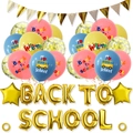 Back to School Party-Set mit bunten Ballons, Goldfolienbriefen und Dreiecksbanner - Set 2: Pailletten Latex + Goldstern + Buchstabenfolie + Banner
