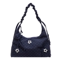 Navy blue polka dot tote bag with floral accents and ruched handle for a sweet look - Navy Blue