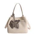 Chic beige lychee leather bucket bag with horse charm and silver twist lock - With Pendant / White