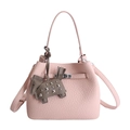 Pink lychee leather bucket bag with gray pony charm and silver rivets for women - With Pendant / Pink