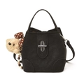 Elegante borsa a secchiello nera opaca con chiusura a scatto argento e ciondolo a orsetto - Con Ciondolo / Nero