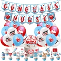 Set decorazione festa infermiera con striscione Congrats Nurses e palloncini su sfondo bianco - Set A (Banner+18 Palloncini+16 Topper+2 Nastri)