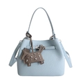 Light blue pebbled leather bucket bag with metal lock and brown horse charm - With Pendant / Blue