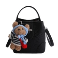 Black lychee texture bucket bag with handle and cute teddy bear charm pendant - Black