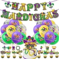 Complete Mardi Gras party decoration set with festive banners, balloons, and cake toppers - Full Party Decoration Set