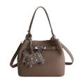 Brown textured leather bucket bag with metallic twist lock and horse charm decoration - With Pendant / Elephant Grey