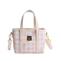 Pink and white checkered cartoon bucket bag with cat logo and golden hardware - Large / Beige