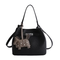 Chic black lychee leather bucket bag with a stylish horse charm and adjustable strap - Black