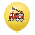 12-inch yellow latex balloon featuring a red cartoon fire truck for party decoration - Yellow