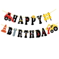 Striscione Happy Birthday a tema costruzioni con escavatore e decorazioni - Tema veicoli da cantiere