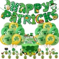 Complete St. Patrick's Day party set with clover balloons, banner, and cake toppers - Set 1: Banner 24 Balloons (Gold/Green/Light Green) 16 Cake Toppers Ribbon