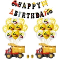 Kit festa cantiere con palloncini escavatore e striscione Happy Birthday per bimbi - Set 3: 12 Escavatori + 8 Pois + 2 Camion da Cantiere in Alluminio + Banner + 2 Nastri