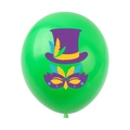 Green Mardi Gras latex balloon featuring purple top hat, mask, and feather print - Green Balloon
