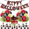 Dettaglio kit festa Halloween zombie con striscioni insanguinati e palloncini paurosi - Set B: Banner a Tema Zombie, Palloncini in Lattice, Palloncini con Paillettes, Topper per Torte, Nastri