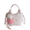 Pink lychee grain PU bucket bag with cute cat prints and white plush bear charm - With Pendant / Off White
