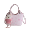 Pink printed crossbody bucket bag with cute cat patterns and a plush bear keychain - With Pendant / Pink