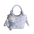 Blue and white cat pattern bucket bag with lychee texture and bear pendant - With Pendant / Blue