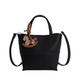 Black litchi grain leather bucket bag with a striped rocking horse pendant charm - Black