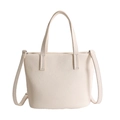 Minimalist beige bucket bag in premium lychee pattern leather with detachable strap - With Pendant / White