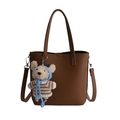Brown litchi grain tote bag with handles and a plush teddy bear charm accessory - Brown