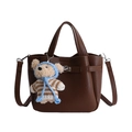 Sac seau marron à texture litchi avec bandoulière amovible et breloque ourson - Marron