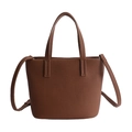 Brown litchi texture leather tote bag with top handle and adjustable shoulder strap - With Pendant / Brown