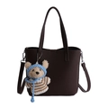 Dark brown pebble leather tote bag with cute plush bear charm and thin shoulder strap - Brown