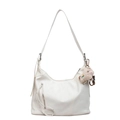 Sac hobo blanc en similicuir avec zips argentés et un charmant pendentif en peluche - Avec Pendentif / Blanc Cassé