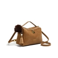 Brown matte leather pillow handbag with plush pom-pom and tassel pendant decoration - Brown