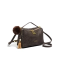 Retro dark brown crossbody bag with matte leather finish and plush pom-pom charm - Coffee