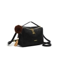 Elegant black matte leather pillow bag with gold hardware and heart charms - Black
