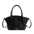 Bolso tote negro de cuero arrugado con placa plateada y correas dobles de mano - Negro
