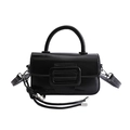Minimalist black faux leather handbag with a large square buckle and top handle - With Pendant / Black