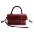 Elegant wine red polished leather handbag with square buckle and top handle - With Pendant / Red