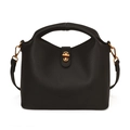 Classic black litchi grain leather bucket bag with gold lock and top handle - Black