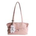 Sac cabas en similicuir rose avec coutures verticales et breloque chien en peluche - Avec Pendentif / Rose