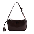 Dunkelbraune glänzende Leder-Achseltasche mit silbernem Drehverschluss und Schultergurt - Braun
