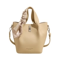 Chic beige lychee leather bucket bag with metal twist lock and printed silk scarf - Standard Type / Yellow