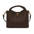 Dark brown leather bucket bag with top handle and gold metal twist-lock hardware - Brown