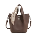 Dark brown pebble leather bucket bag with silk scarf handle and metal clasp - Standard Type / Brown